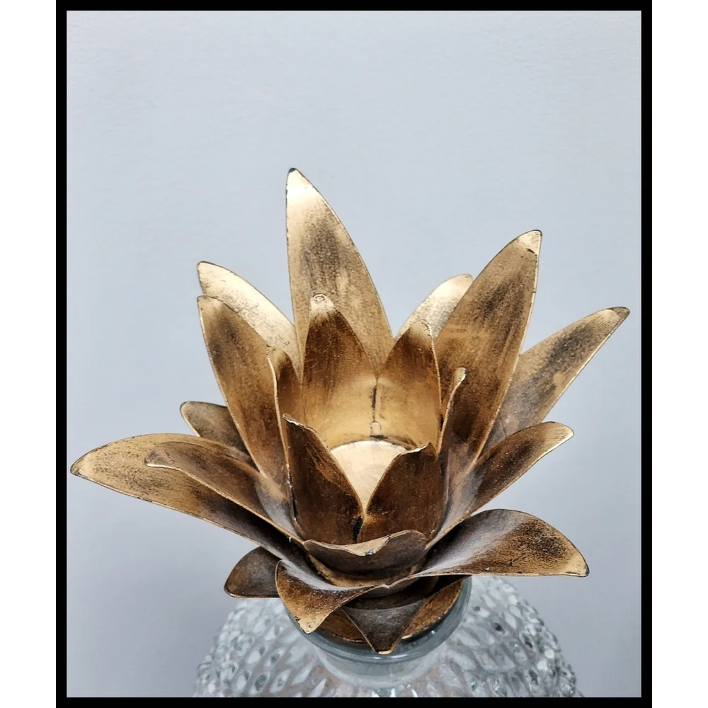 RARE Pier 1 Faceted Glass Pineapple Decanter Gilt Bronze Metal Fronds Stopper